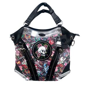 Ed Hardy Skull Rose Tattoo Print Tote Bag Black Silver Detachable Strap Y2K NWT